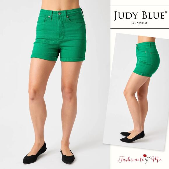 Judy Blue High Rise Tummy Control Garment Dyed Casual Denim ShortsK Green